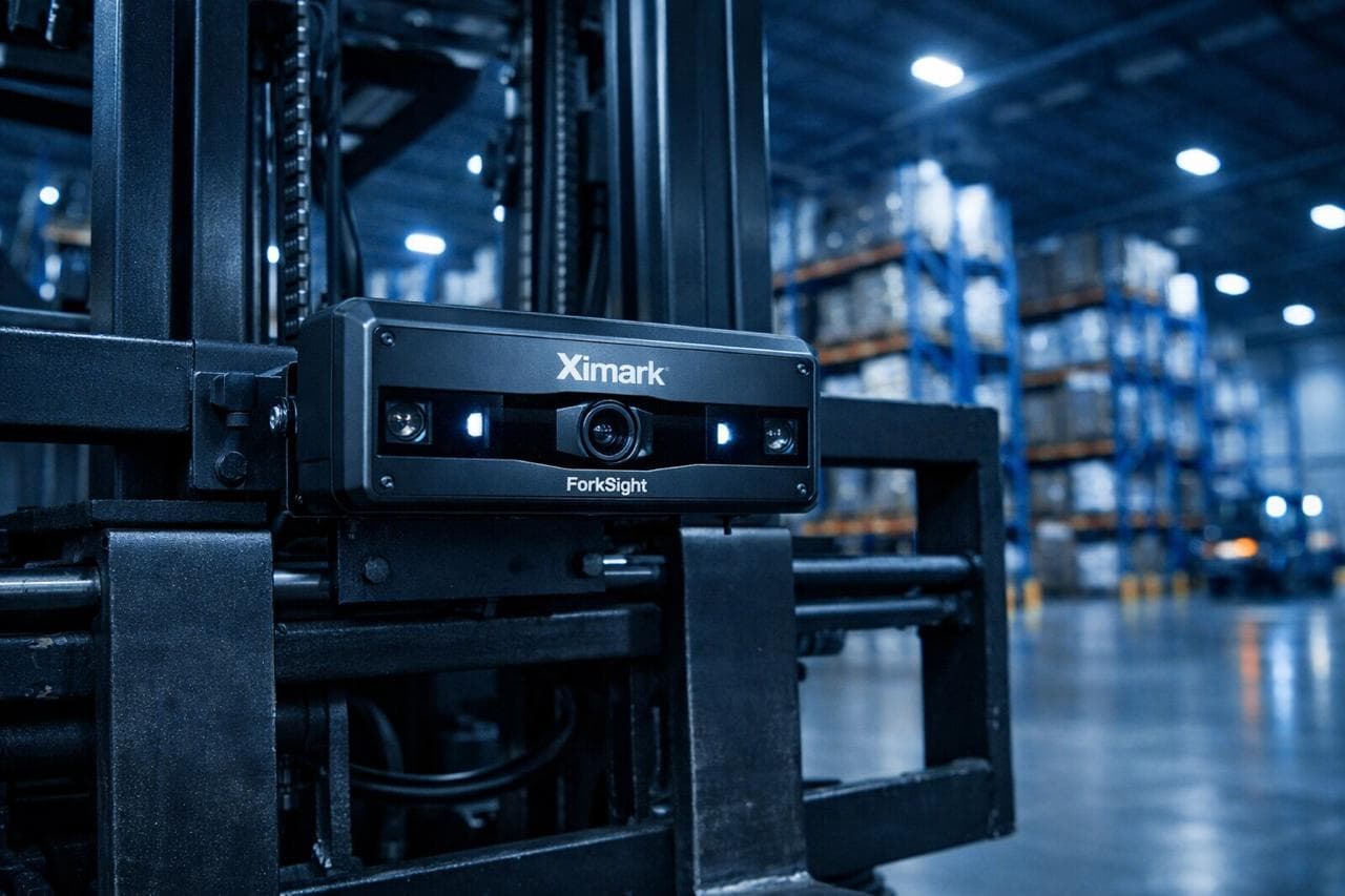 NanoEye camera device mounted on a forklift in a warehouse