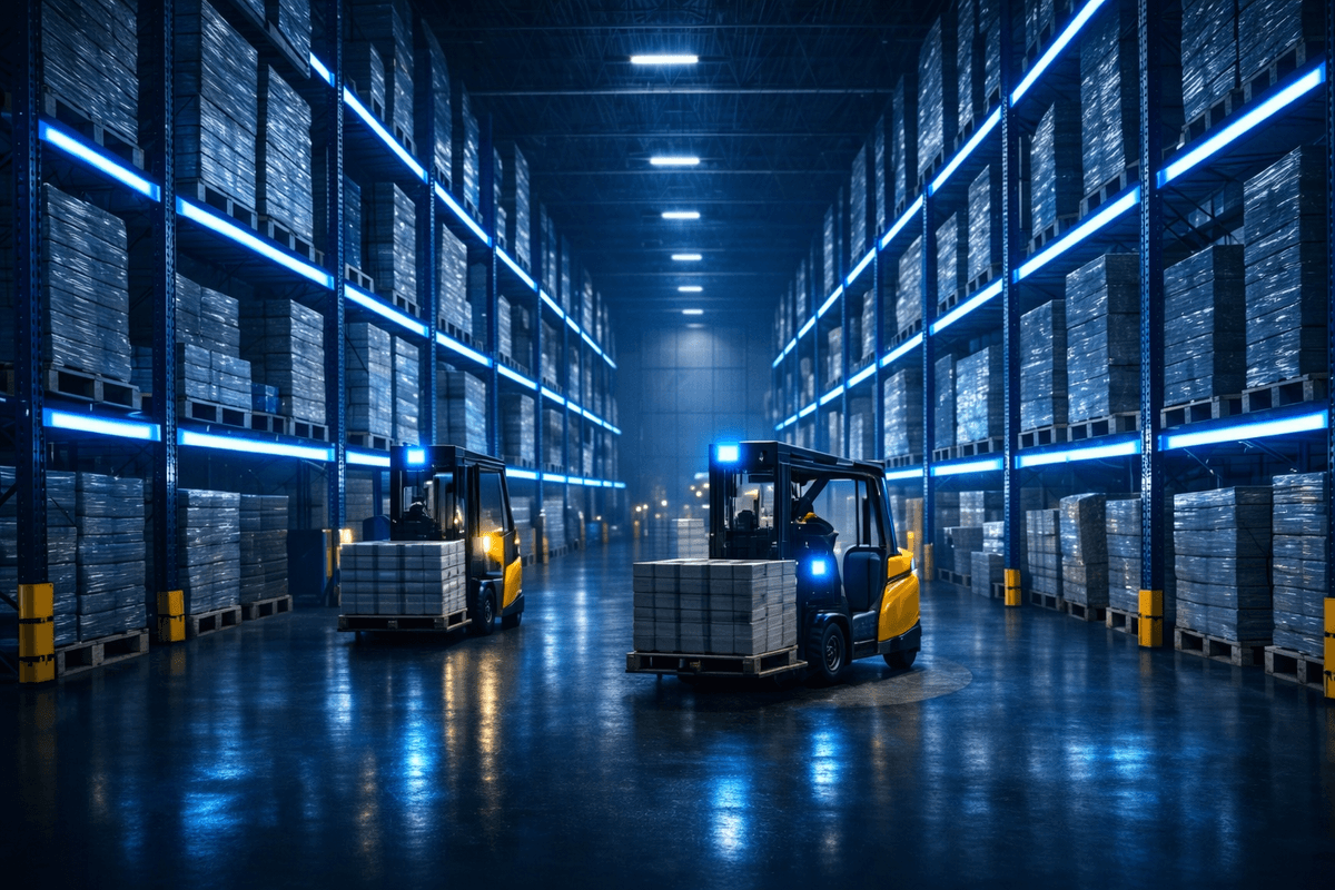 Forklifts operating in a modern warehouse